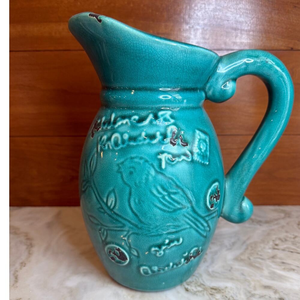 Vintage Turquoise Majolica Pitcher Bird Design